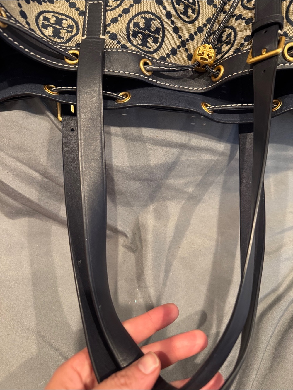 Tory Burch Navy and Beige Logo Canvas Drawstring Tote with Leather Trim - Picture 6 of 11